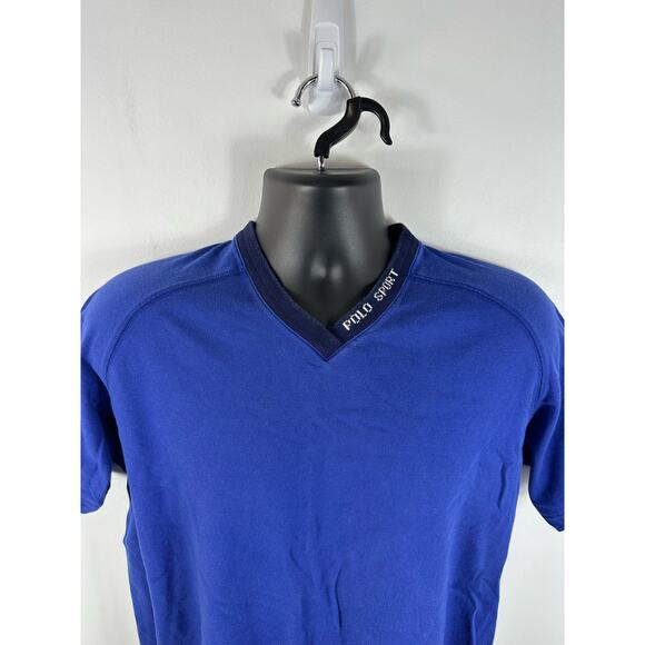 Vintage Polo Sport Ralph Lauren V Neck Tee Spellout Size Medium Blue - Picture 7 of 8